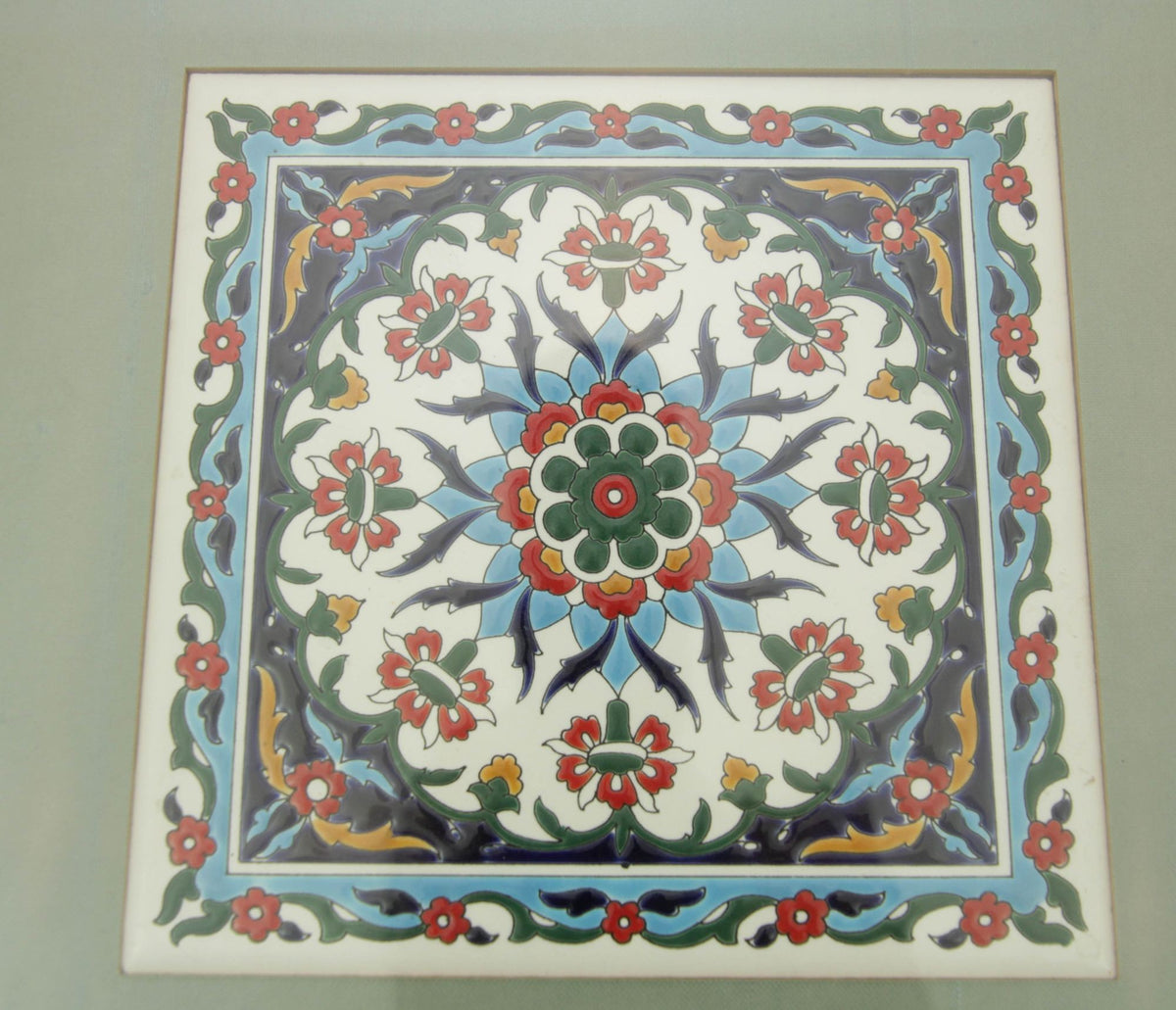 Handcrafted Turkish Iznik Style Ceramic Tile Framed 1950