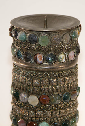 Vintage Agate Inlaid Jewelled Moroccan Silver Candle Holder
