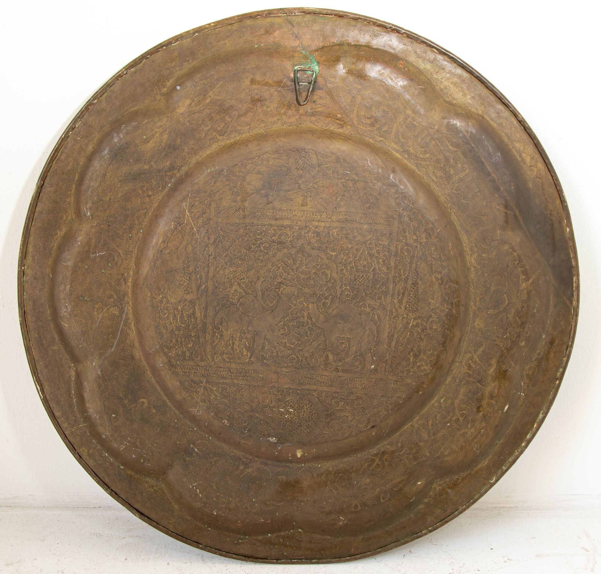 Large Moroccan Round Brass Tray Wall Decor 38 inches Circa 1950's
