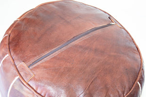 Moroccan Hand Tooled Brown Leather Pouf