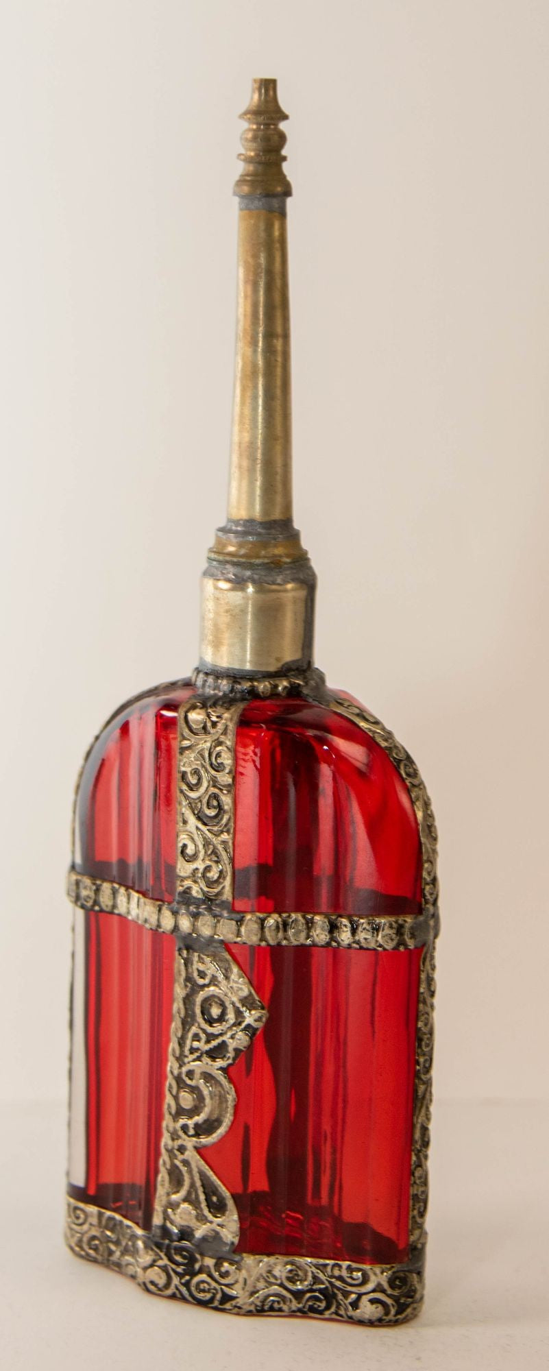 Moroccan Perfume Bottle Sprinkler with Embossed Metal Overlay and Red Glass