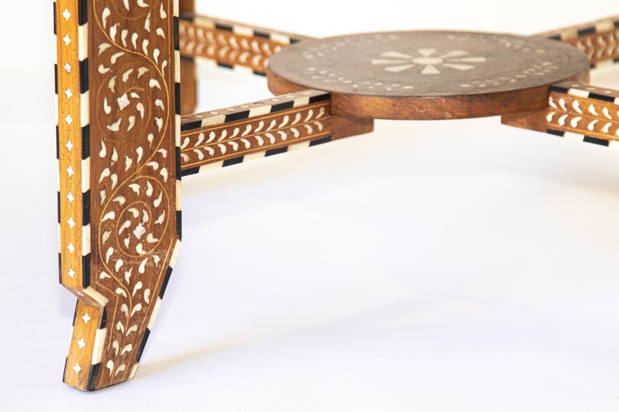 Anglo Indian Mughal Teak Wood Round Side Table with Bone Inlaid