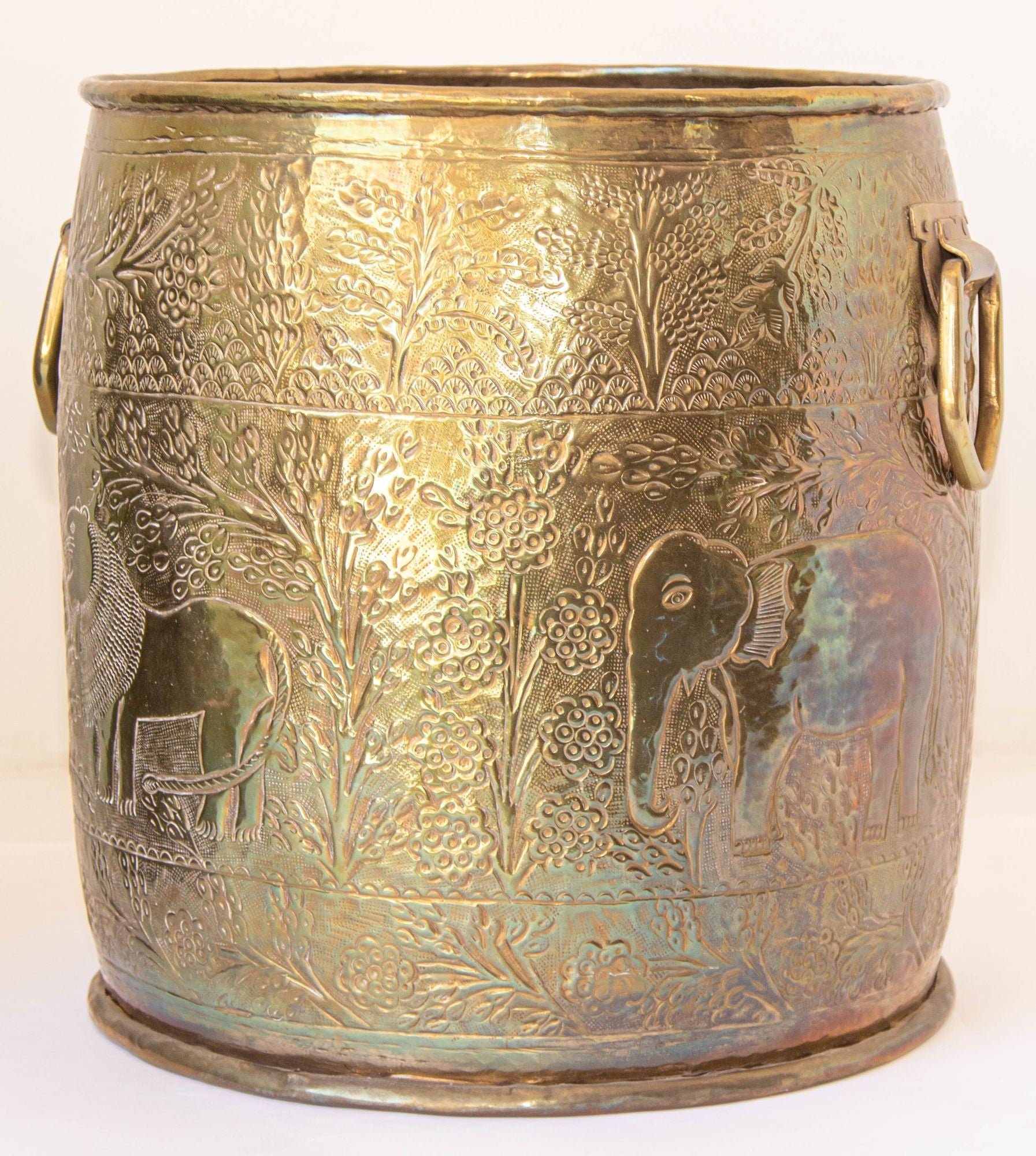 Large Vintage Polished Brass Planters Anglo Raj Hammered Jungle Design a Pair