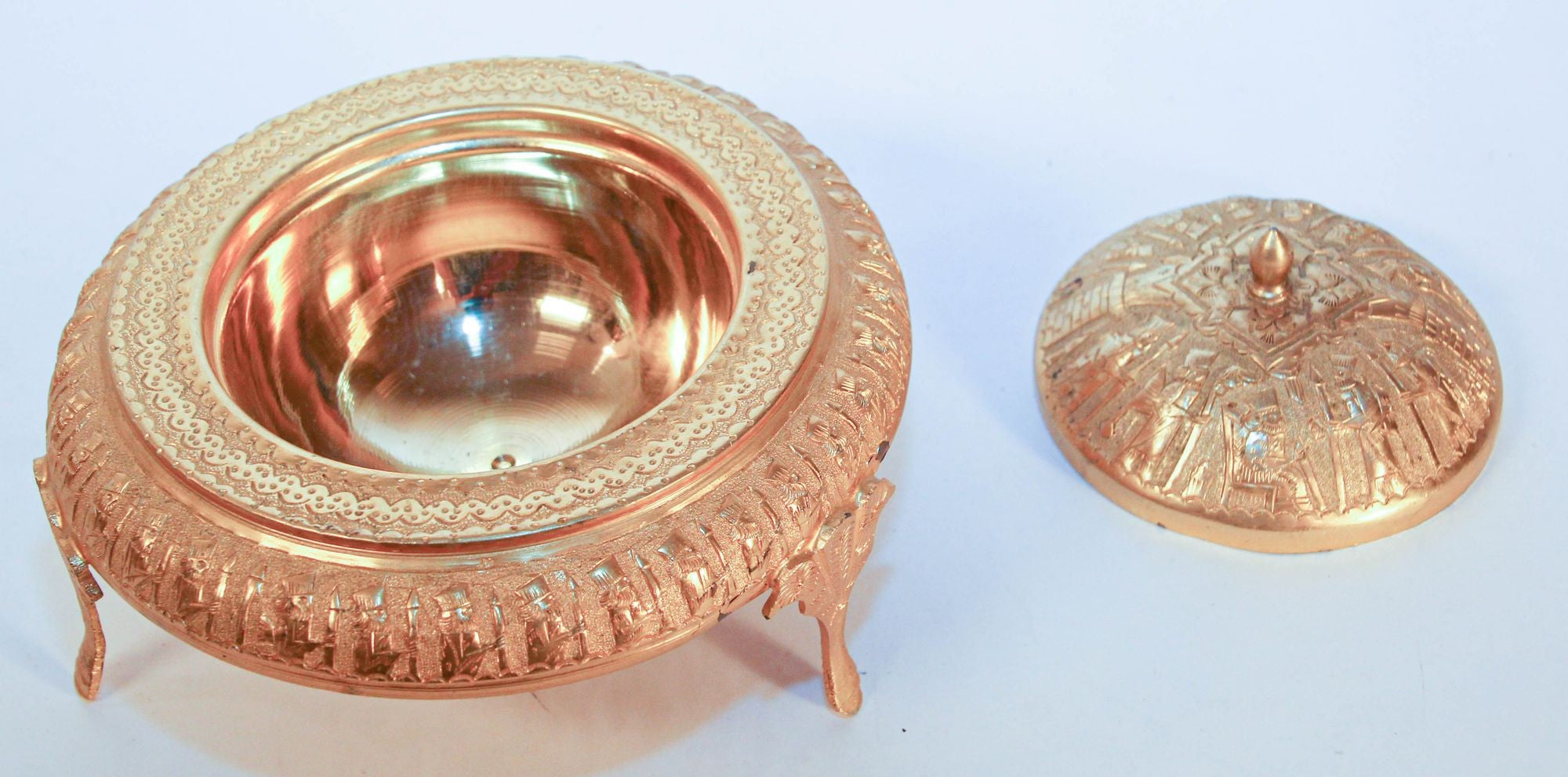 Vintage Gold Tone Islamic Moorish Roll Top Caviar Footed Dish Server 1960s