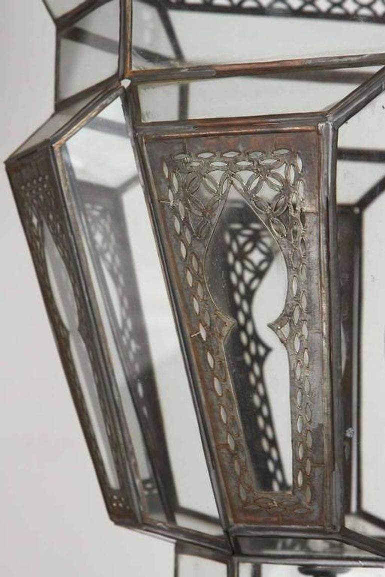 Vintage Moroccan Moorish Clear Glass Pierced Metal Lantern Chandelier, 1980s