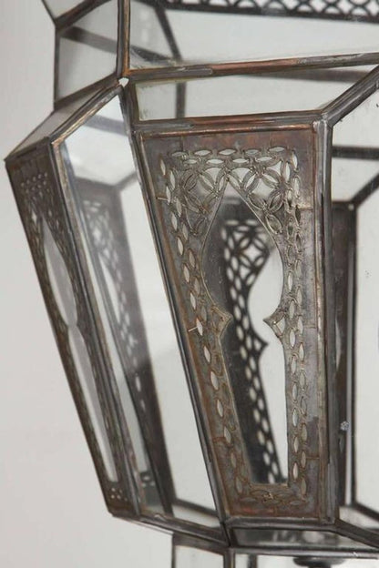 Vintage Moroccan Moorish Clear Glass Pierced Metal Lantern Chandelier, 1980s