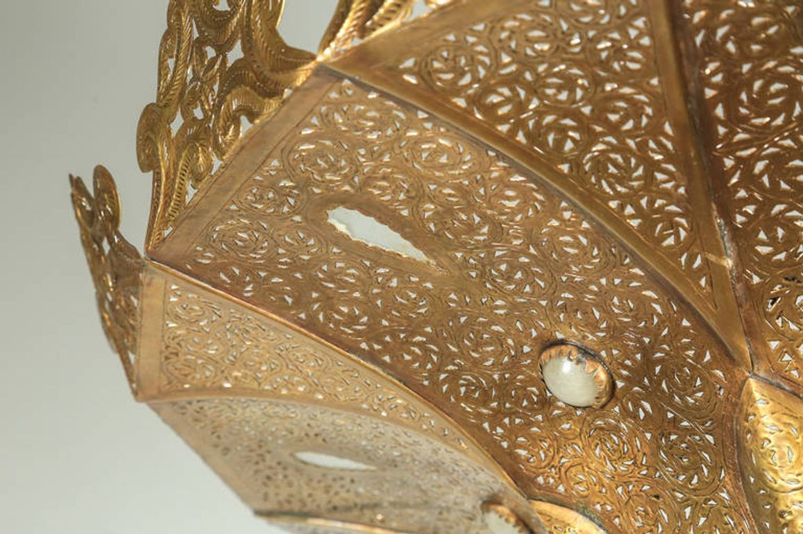 Large Moroccan Moorish Pierced Brass Pasha Chandelier, Alberto Pinto Style