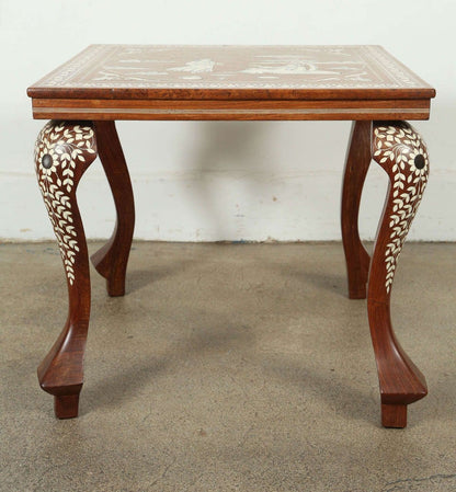 Anglo Indian Mughal Teak Inlaid Side Table, Handcrafted, India, 1950s