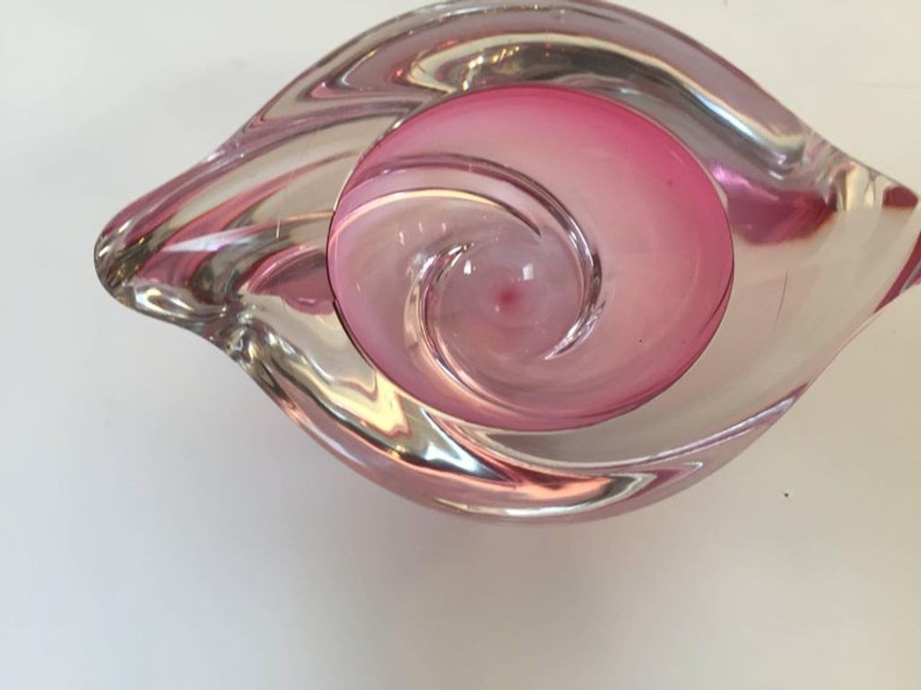 Crystal Pink Ashtray for Val Saint Lambert, Paper Weight Signed