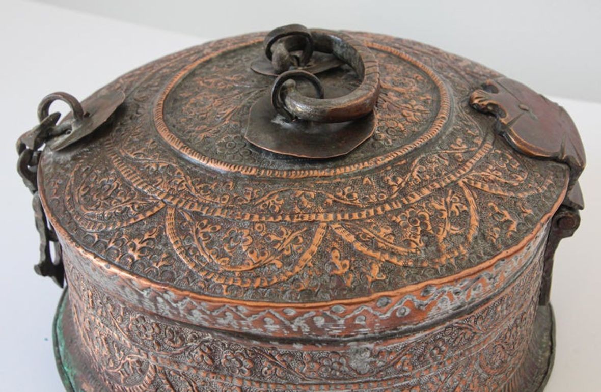 Antique South Asian Mughal Round Tinned Copper Box with Lid India 19th Century