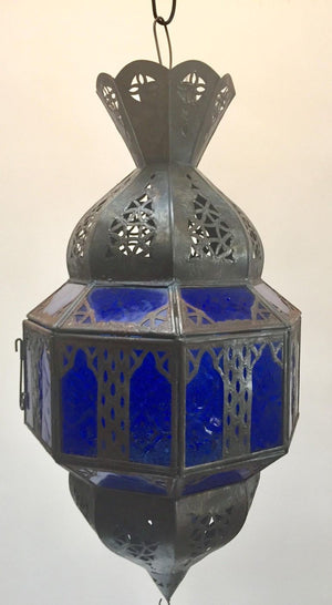 Handcrafted Moroccan Metal and Blue Glass Lantern, Octagonal Shape