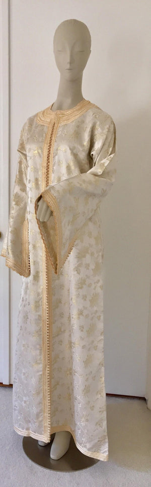 Vintage Moroccan Kaftan White and Gold Metallic Floral Brocade Caftan 1970's