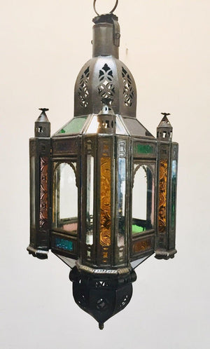 Moroccan Handcrafted Moorish Pendant Lantern with Multi-Color Glass