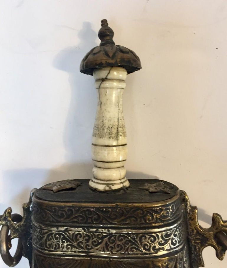Antique Moroccan Berber Case Flask, Hand-Carved Wood & Brass, 1920s