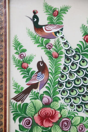 Middle Eastern Miniature Painting of Peacocks in Mosaic Frame
