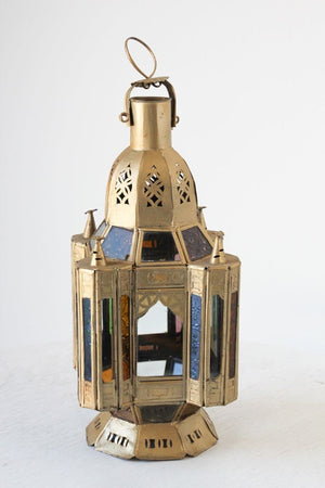 Moroccan Candle Lantern in Moorish Gilt Metal and Glass