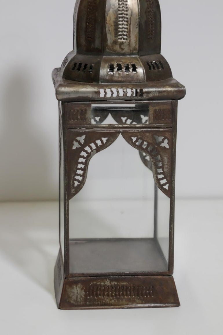 Moroccan Metal Candle Lantern in Moorish Square Metal and Clear Glass
