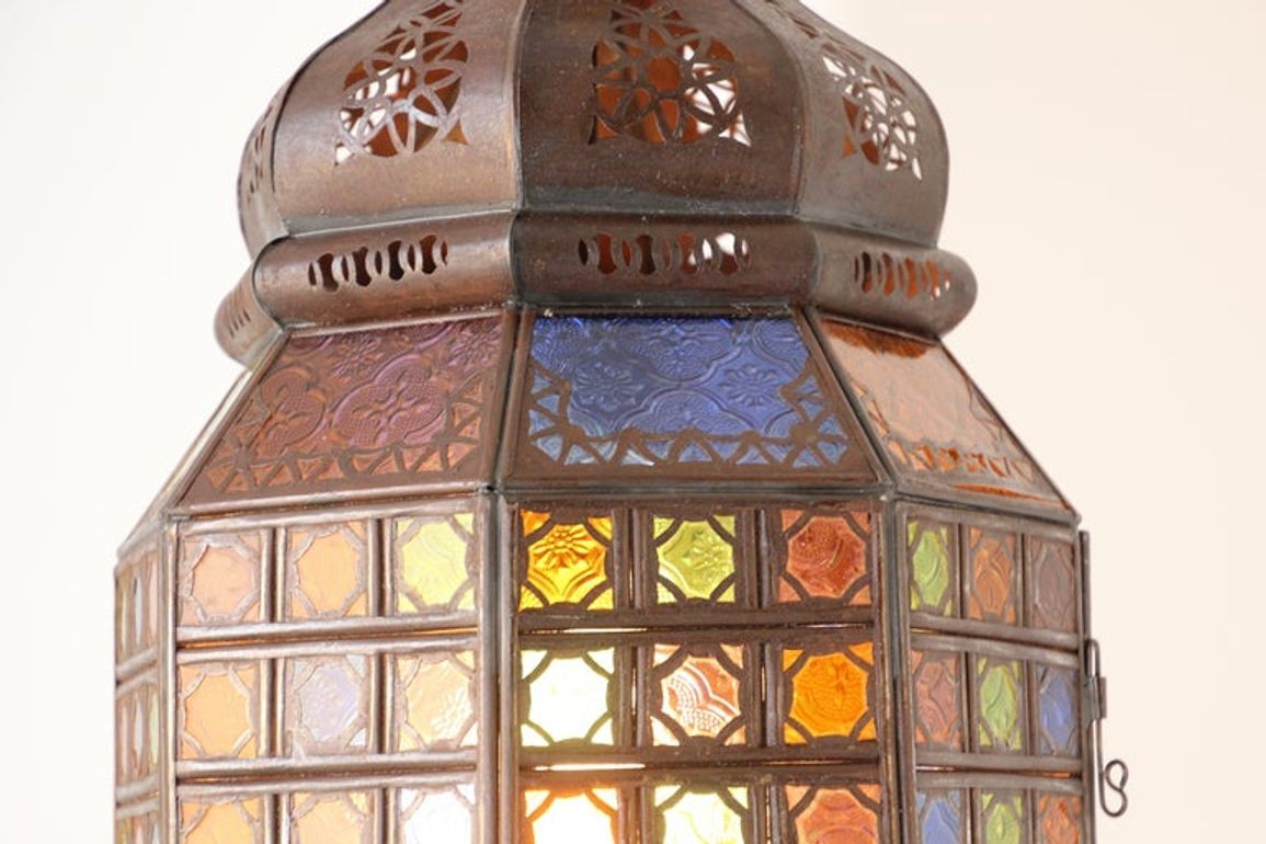 Moroccan Hanging Glass Lantern Moorish Metal Light Fixture with Stained Glass
