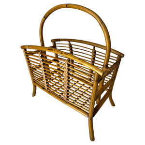 Vintage Bamboo and Rattan Magazine Rack, Hand-Braided Wicker