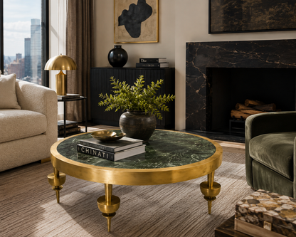 Custom Modernist Art Deco Polished Brass & Green Marble Round Coffee Table, 2010 — detail view 3