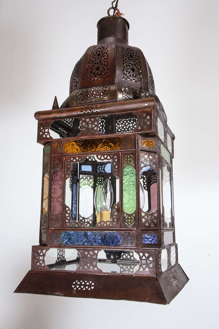 Moroccan Handcrafted Metal and Glass Lantern, Bohemian Style, 1980