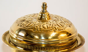 1940s Antique Round Moroccan Brass Serving Dish with Dome Lid and Paw Lion Feet.