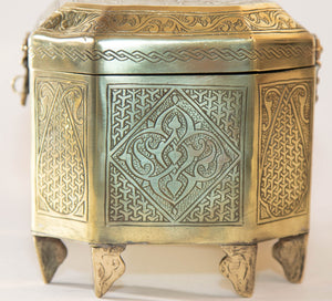 1920 Persian Brass Jewelry Box in Mamluk Revival Damascene Moorish Islamic Style