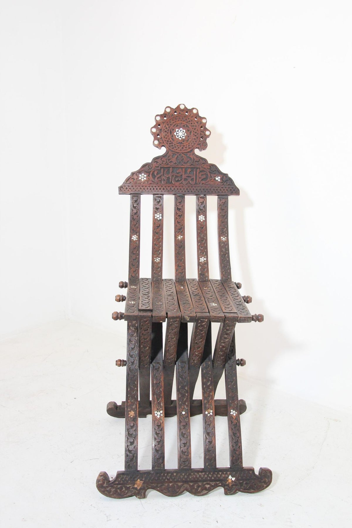 Antique Egyptian Moorish Carved Walnut Mother-of-Pearl Inlaid Folding Chair