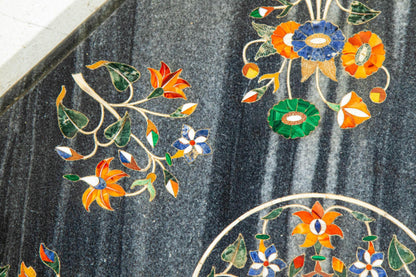 Mughal Rajasthani Black Marble Inlay Pietra Dura Table Top India — India