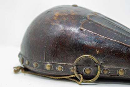 Antique Moroccan Carved Wood and Tooled Leather Powder Flask, 19th Century