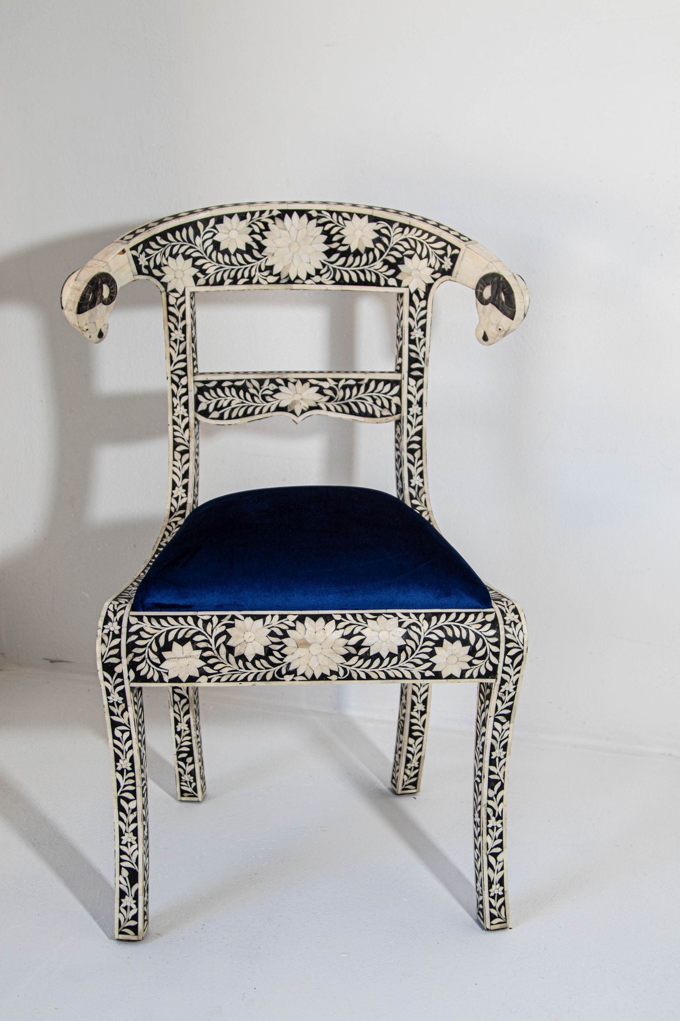 Antique Anglo-Indian Side Chairs with Ram's Head Bone Inlay Royal Blue Seat Pair