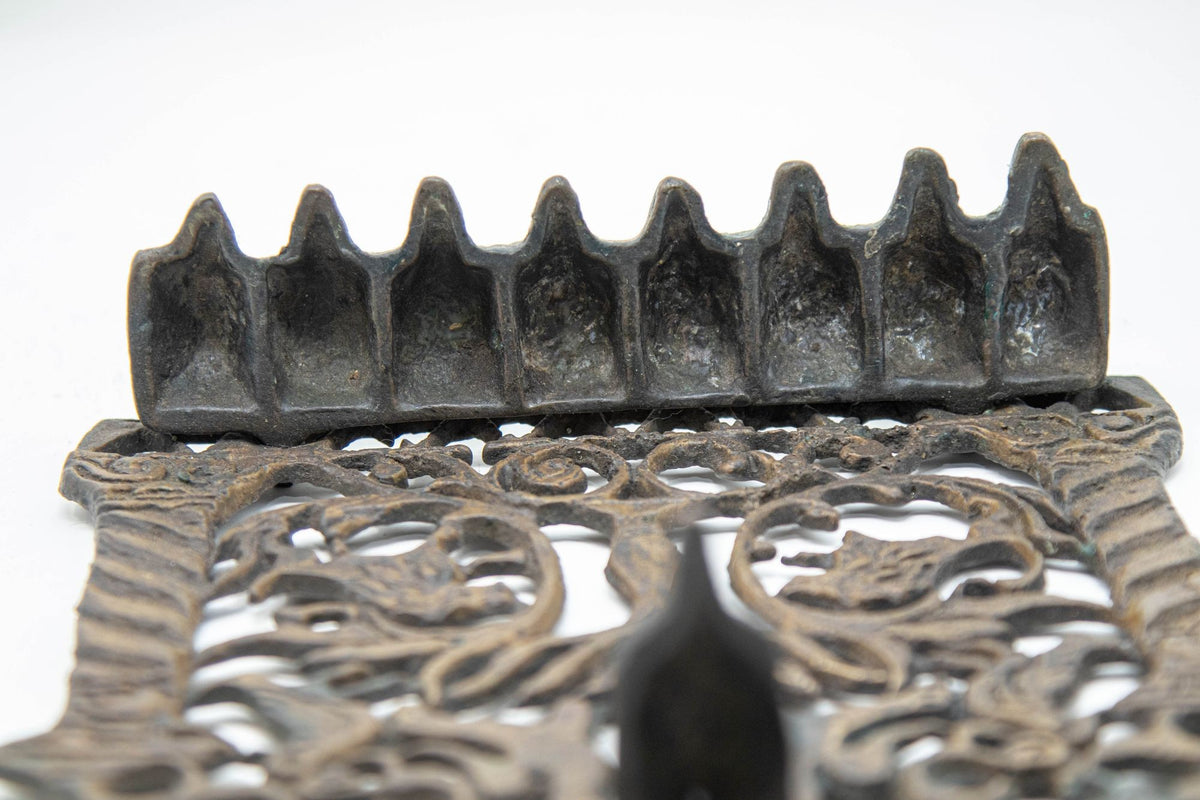 19th Century Moroccan Brass Hanukkah Oil Lamp Menorah, Antique Jewish Judaica