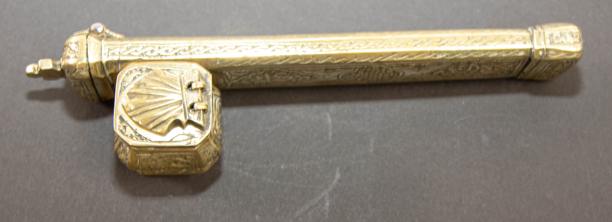 Antique 19th C. Ottoman Turkish Brass Inkwell Qalamdan with Arabic Calligraphy Writing