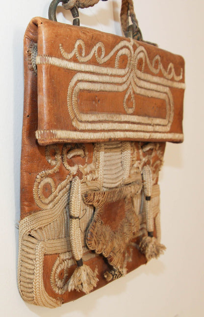 Antique Hand Tooled Leather African Tribal Moroccan Bag Collectible, 1940s