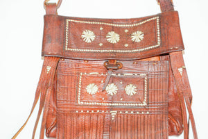 Moroccan Vintage Leather Handcrafted African Tuareg Bag with Fringes Wall Art