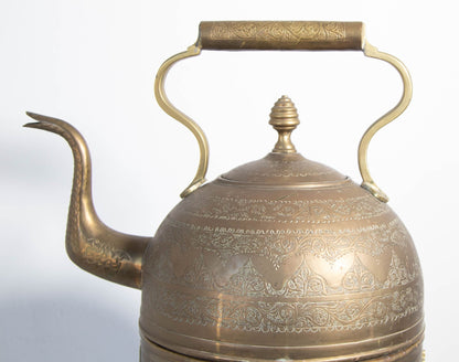 Monumental Moroccan Engraved Brass Tea Kettle on Stand