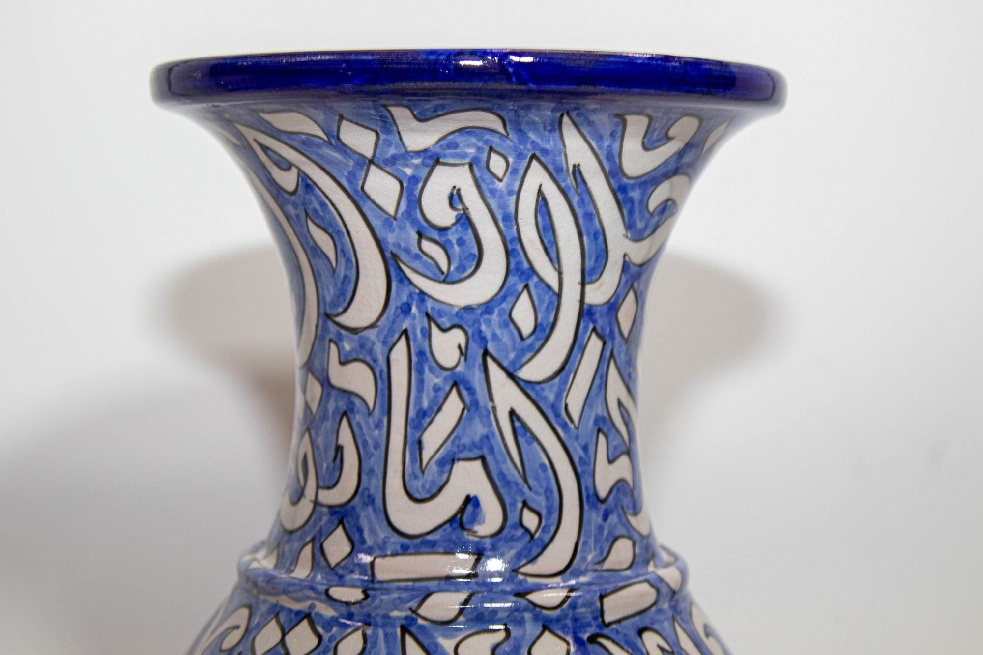 Moroccan Glazed Ceramic Vase with Arabic Blue Writing from Fez Morocco