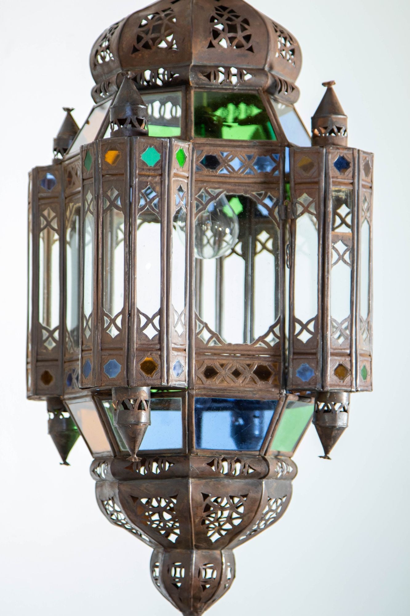 Vintage Moroccan Traditional Moorish Metal and Glass Lantern Ceiling Light