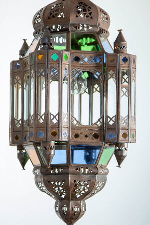 Vintage Moroccan Traditional Moorish Metal and Glass Lantern Ceiling Light
