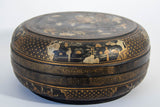 Large Chinese Export Round Black Lacquered Gilt Painted Covered Box 1950s