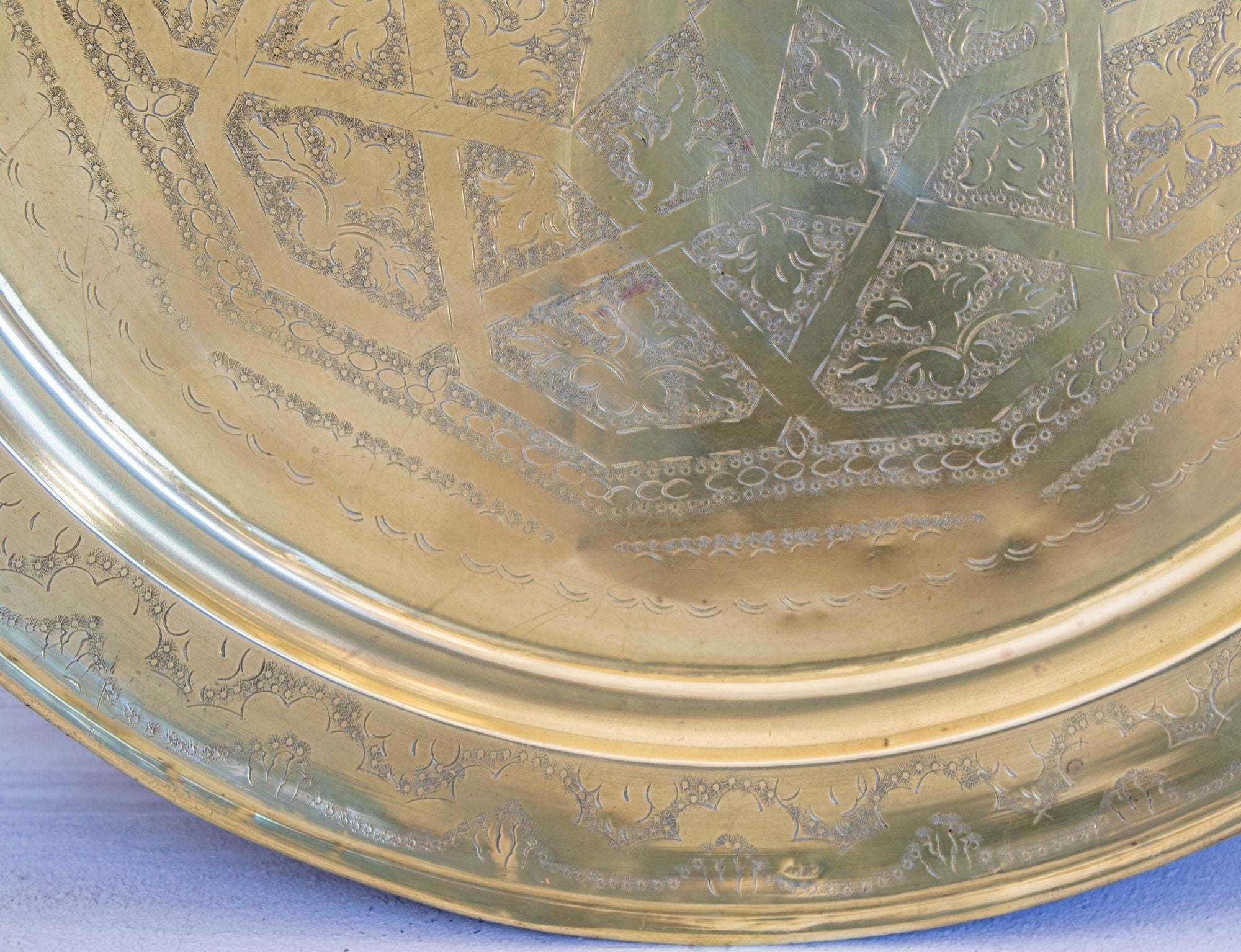 1940's Antique Moroccan Large Polished Round Brass Tray Platter 30 in. D.