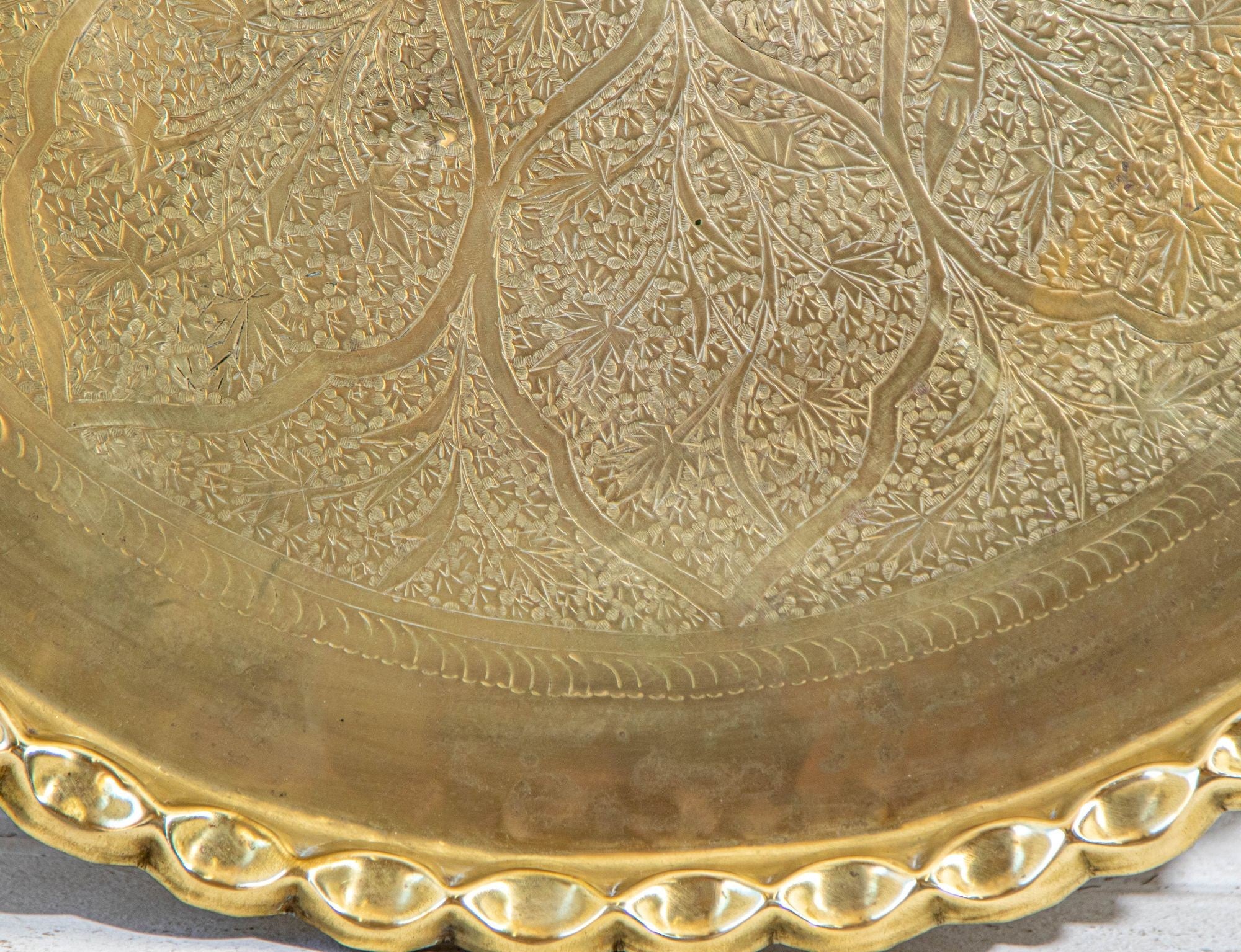 Antique Islamic Mughal Rajasthani Large Moorish Round Brass Tray with Crest Edges 30 in.