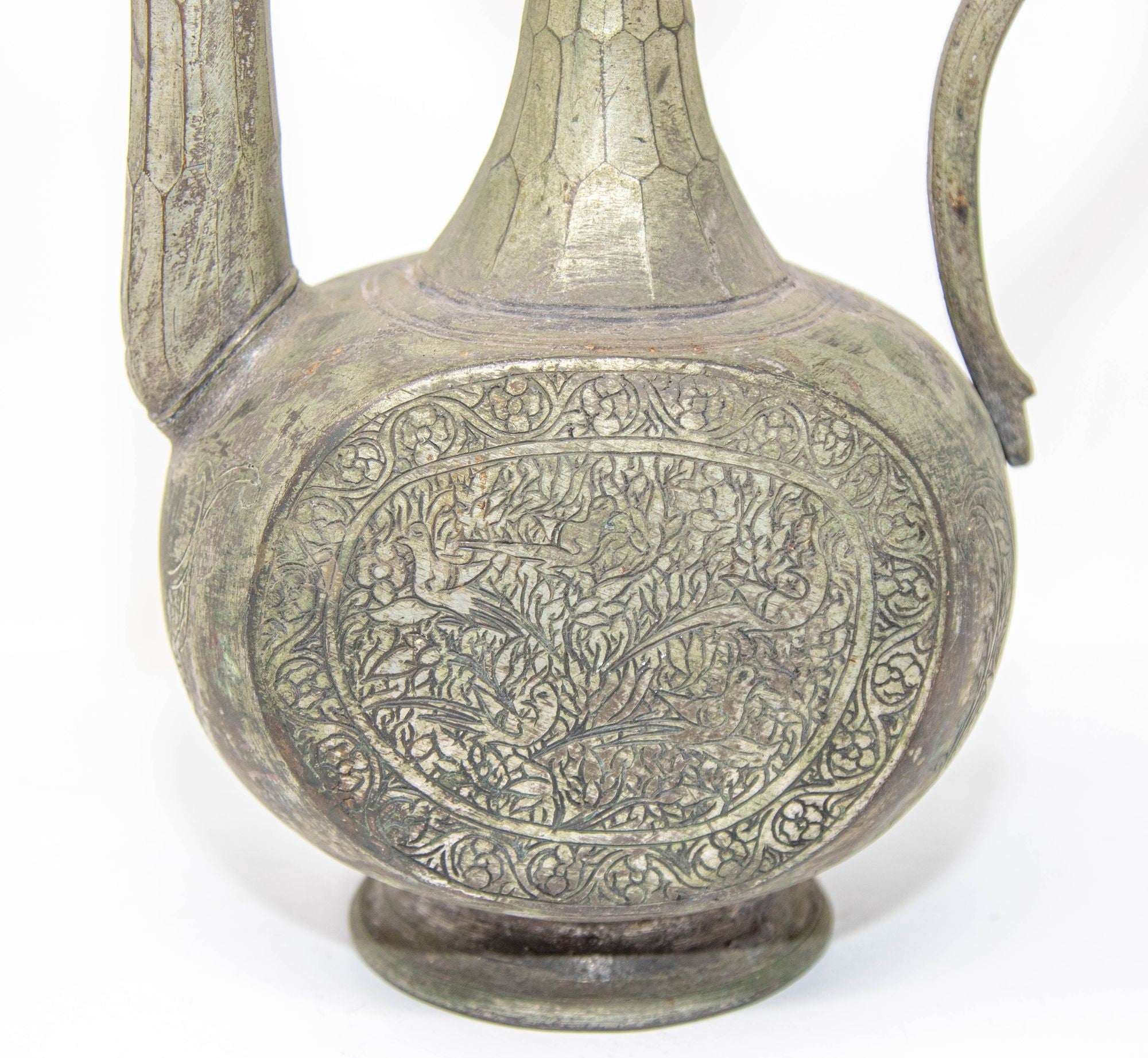 Antique Islamic Middle Eastern Qajar Persian Tinned Metal Ewer 19th Century