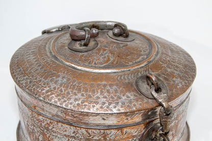 19th Century Indian Tinned Copper Engraved Betel Nut Pandan Box