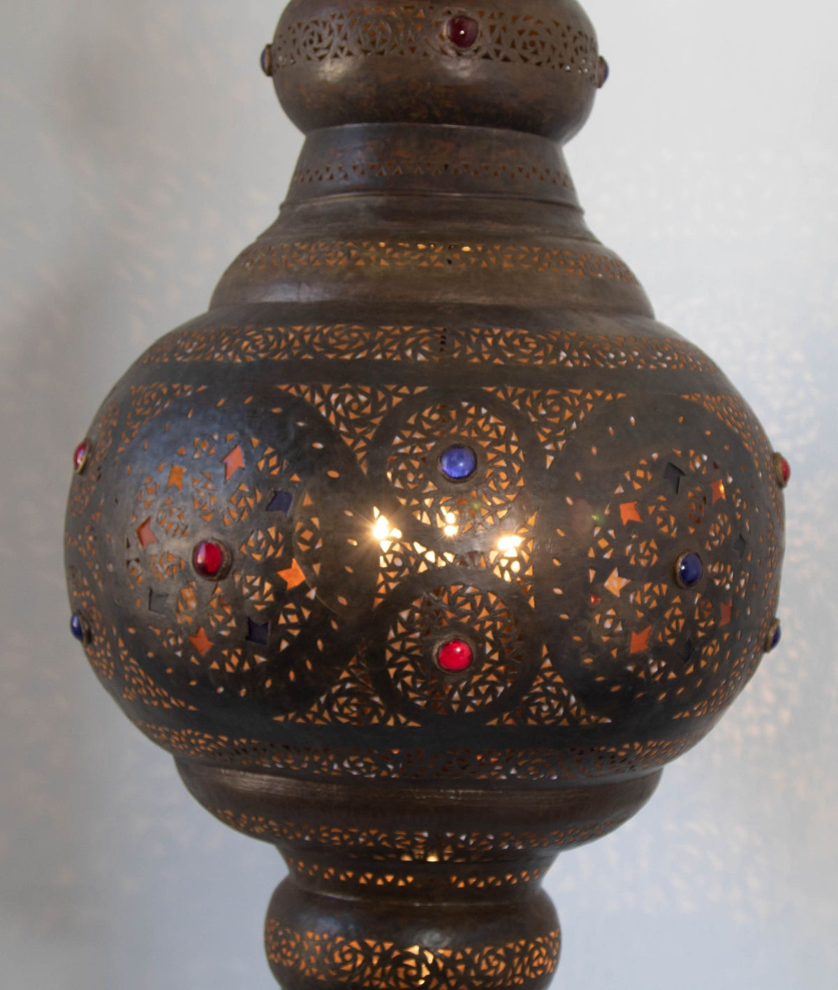 Large Moroccan Moorish Pierced Brass Chandelier with Colored Glass, circa 1940