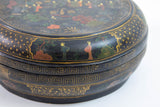 Chinese Export Large Round Box Black Lacquered Gilt Painted Covered Box 1950s