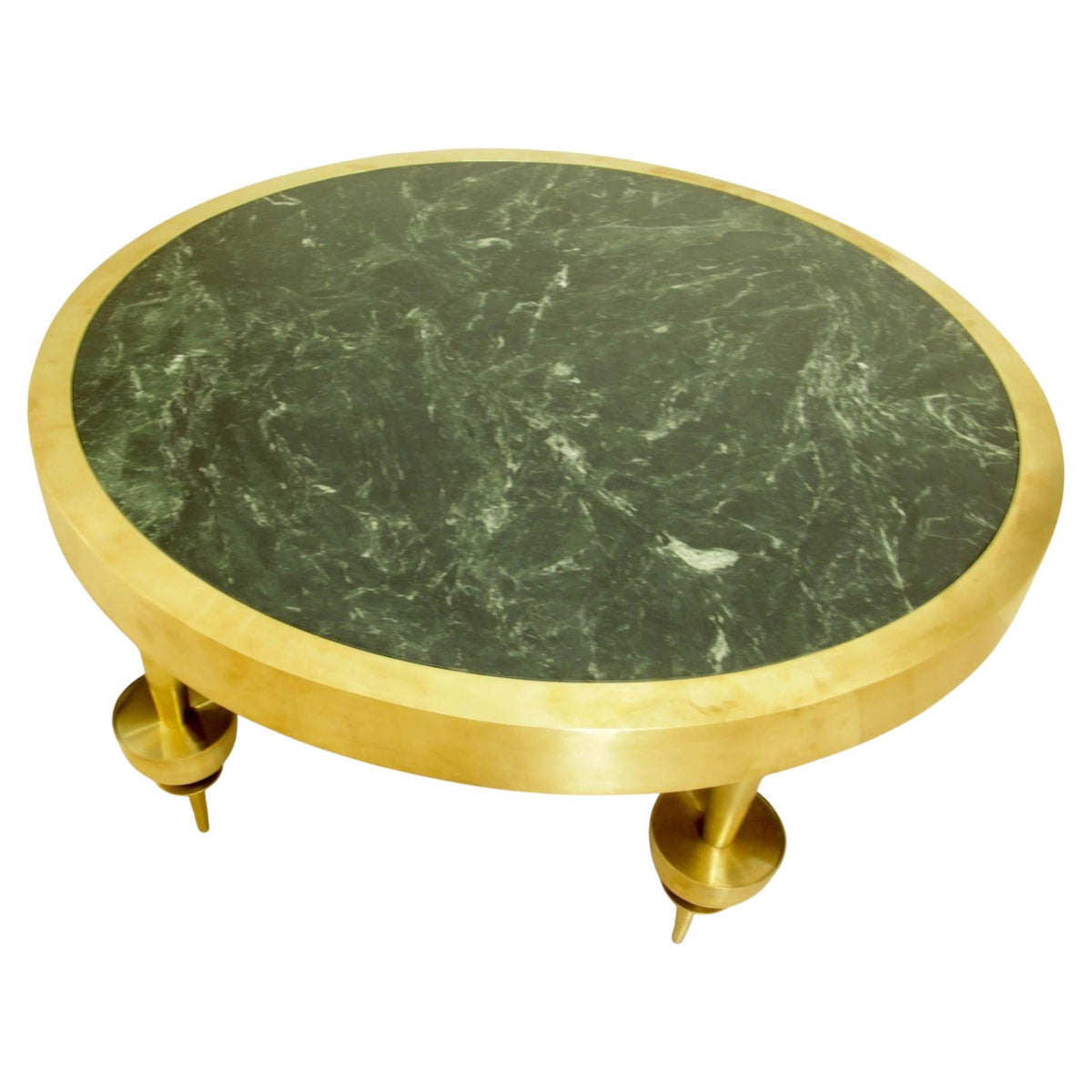 Custom Modernist Art Deco Polished Brass & Green Marble Round Coffee Table, 2010 — detail view 8