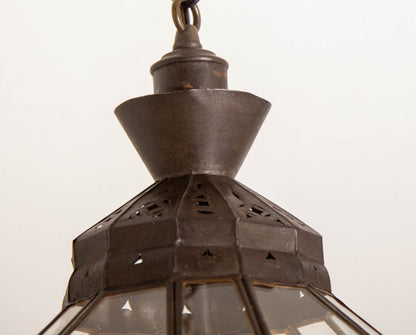 Vintage Moroccan Glass Lantern, Moorish Style Metal Fixture, 1980s