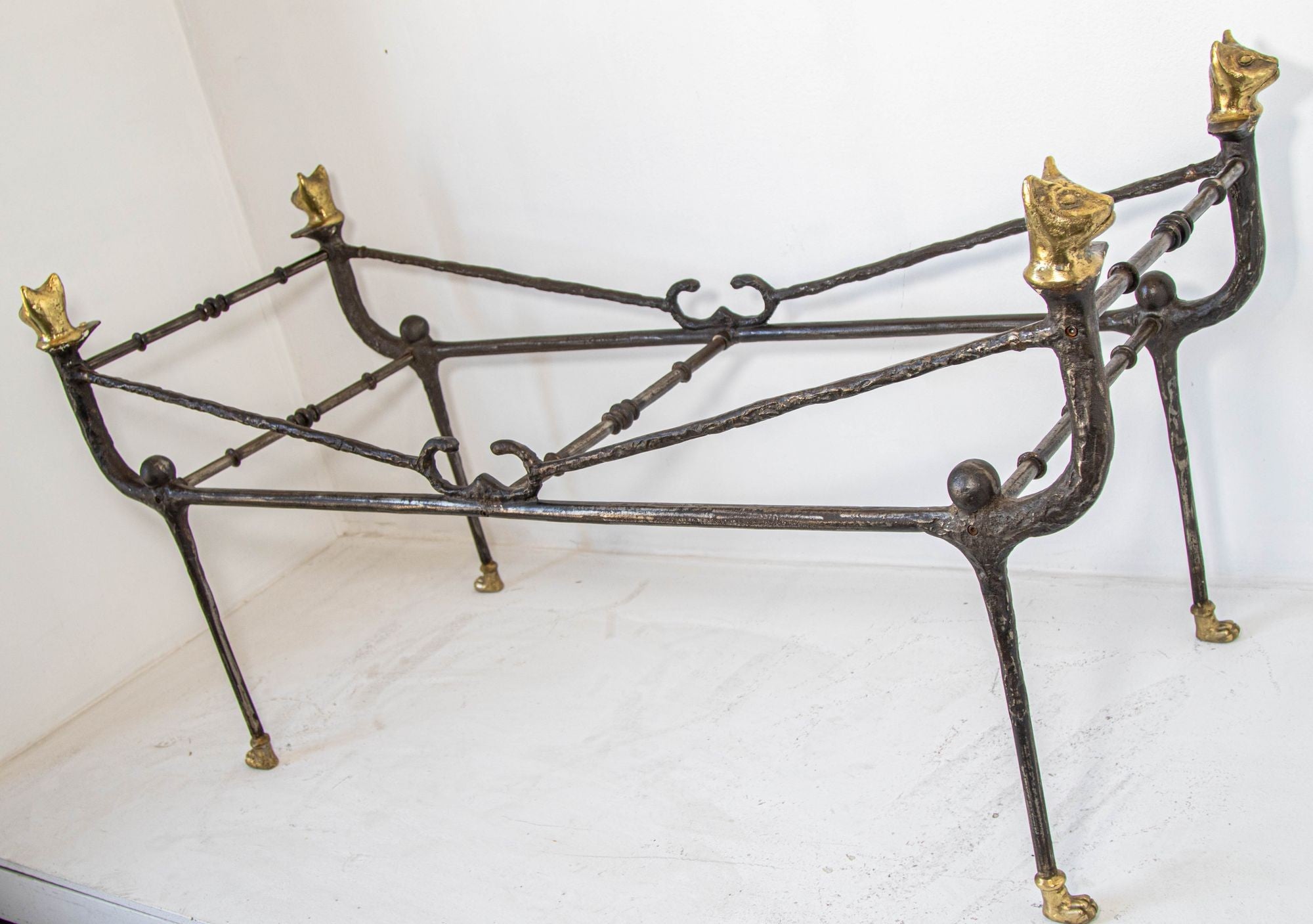 Giacometti Style Sculptural Brutalist Iron and Glass Console Table With Cat Head