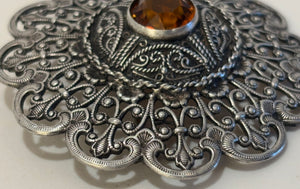 Ottoman Style Turkish Silver Brooch or Veil Pin with Moorish Filigree Lace